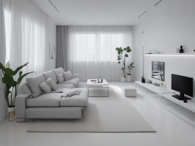 a living room with a white couch and a white coffee table