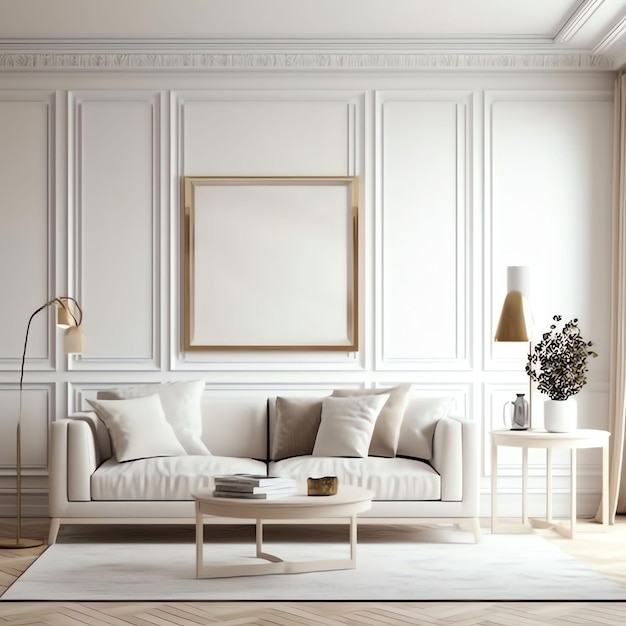 A living room with a white couch and a white lamp on the side table.