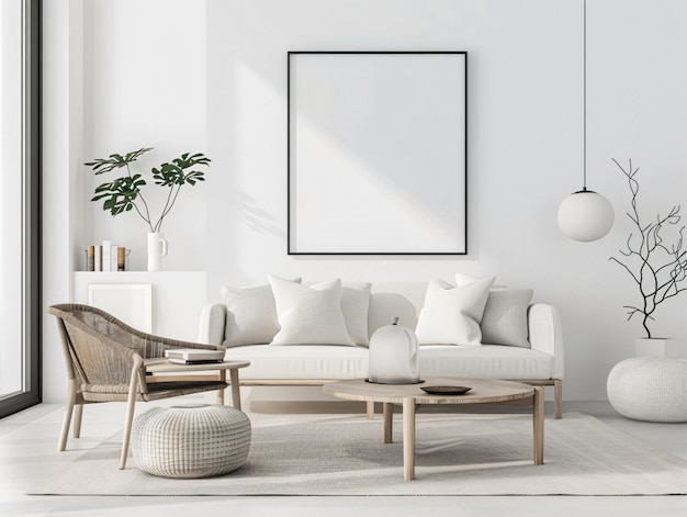 a living room with a white couch and a white picture frame