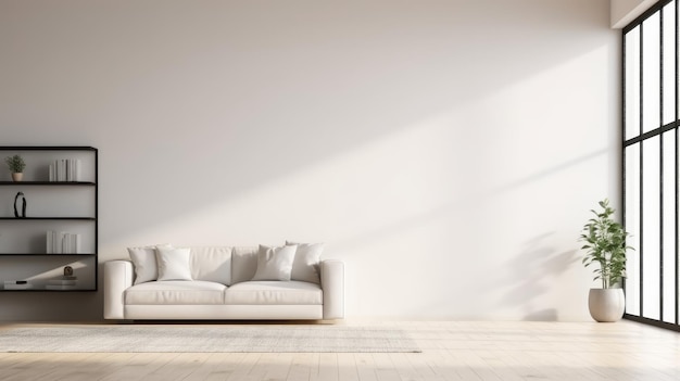 A living room with a white couch and a white wall