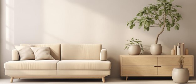 A living room with a white couch and a wooden coffee table