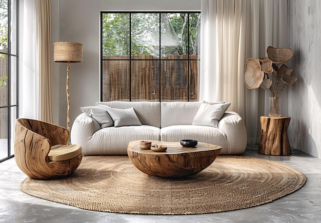 a living room with a white couch and wooden tables