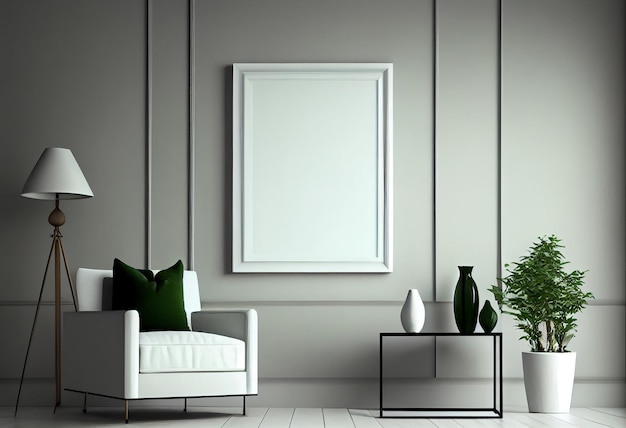 a living room with a white framed picture and green plant in the corner.