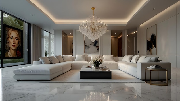 Living room with white marble floors lead through a wide hallway adorned with minimalist artwork