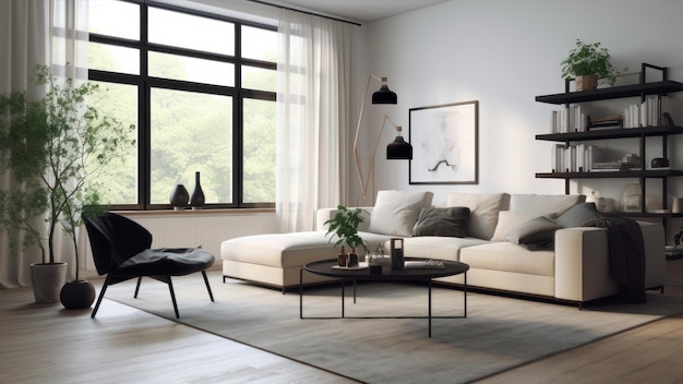 A living room with a white sofa and a black coffee table.