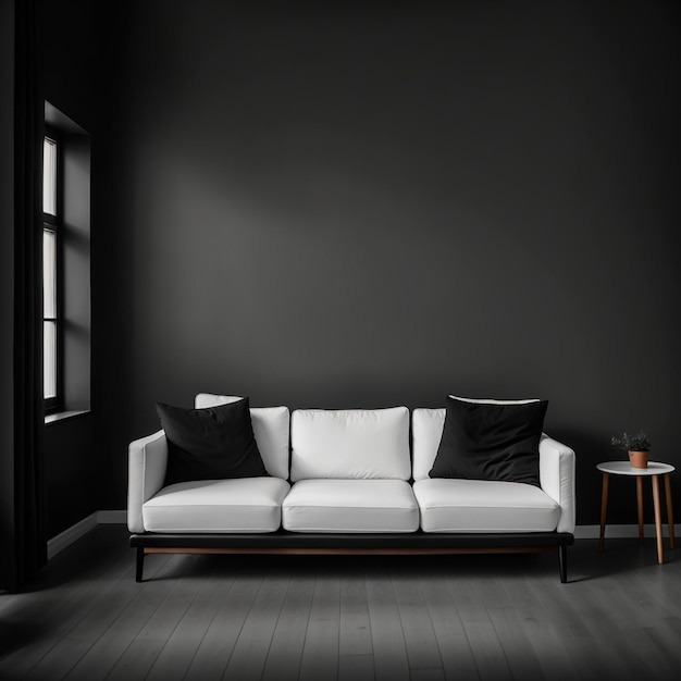 Living room with white sofa and black pillows Generative AI