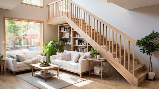 a living room with a white sofa and a book shelf