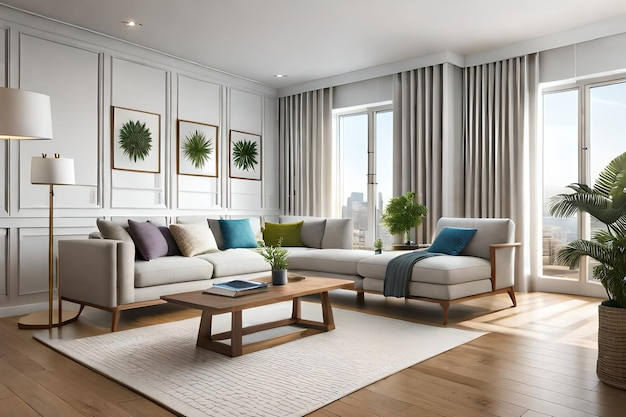 A living room with a white sofa and a green plant on the wall.