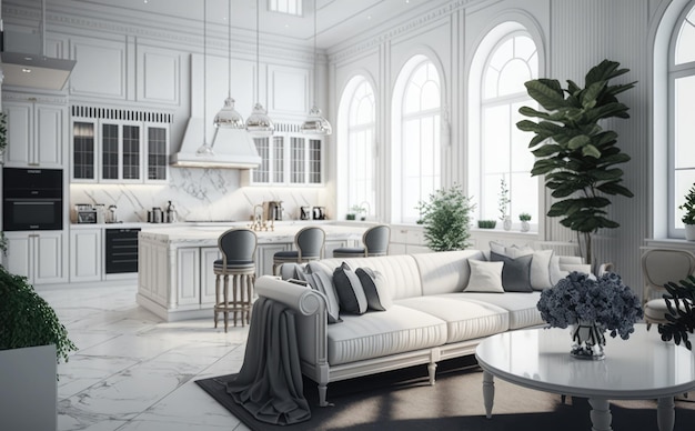 A living room with a white sofa and a kitchen island with a large window.