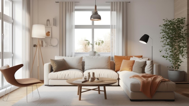 A living room with a white sofa and a lamp.