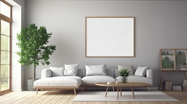 A living room with a white sofa and a large picture of a tree.