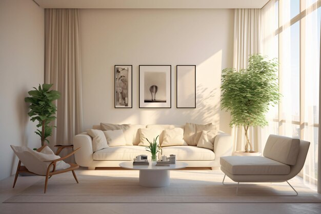 A living room with a white sofa and a picture of a woman on the wall