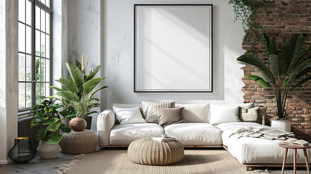 a living room with a white sofa and a plant in the corner