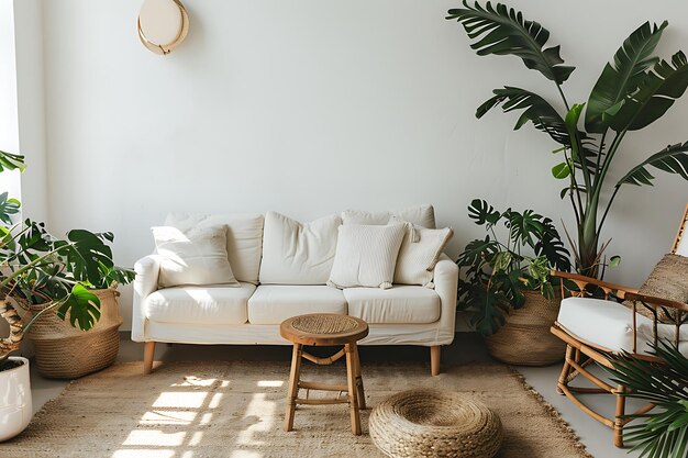 Photo living room with a white sofa and a plant in the corner