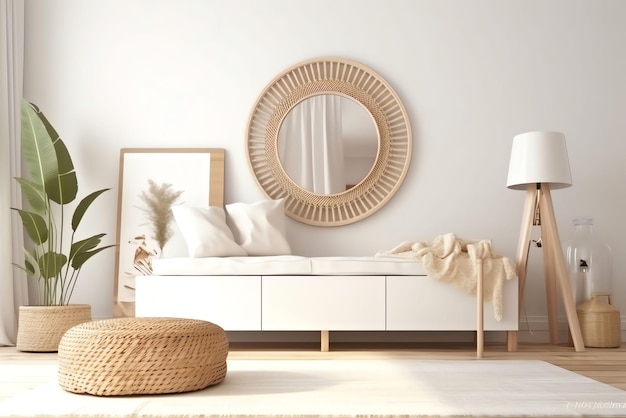 A living room with a white sofa and a round mirror on the wall.