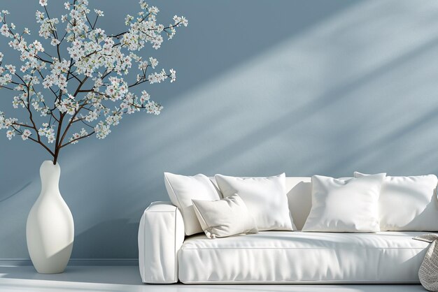 a living room with a white sofa and a vase