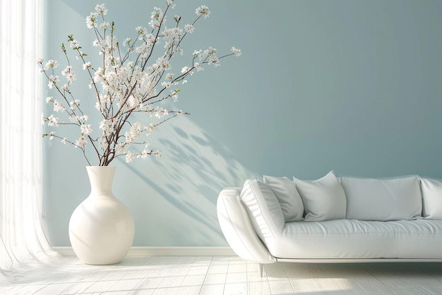 a living room with a white sofa and a vase