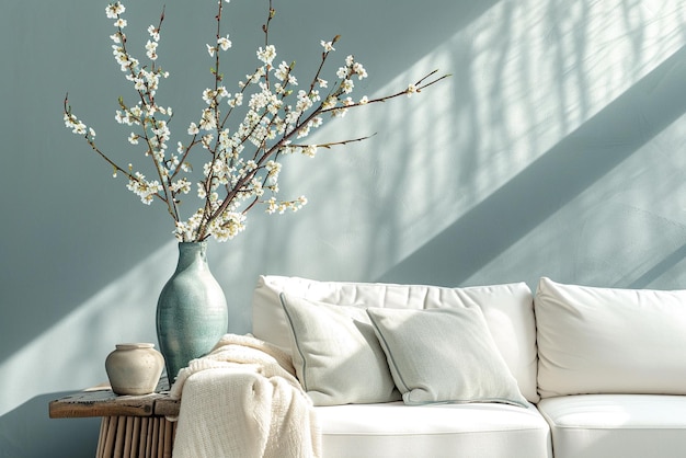 a living room with a white sofa and a vase