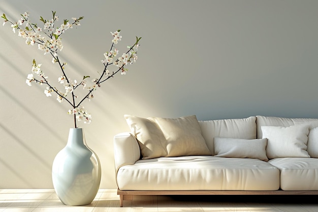 a living room with a white sofa and a vase