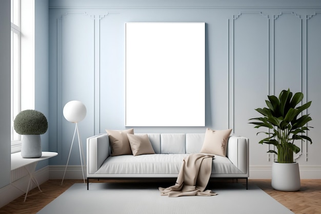 A living room with a white table and a white lamp on the wall