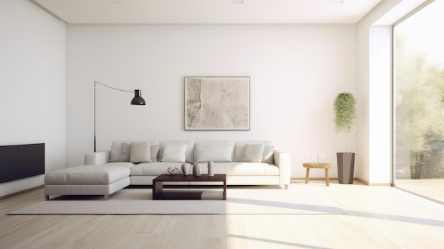 A living room with a white wall and a white couch and a plant on the right side.