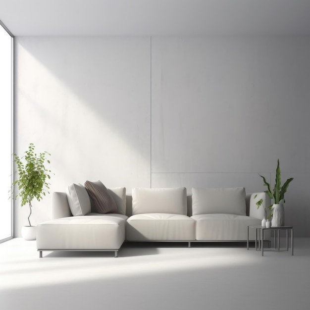 A living room with a white wall and a white couch with pillows and a plant in it.