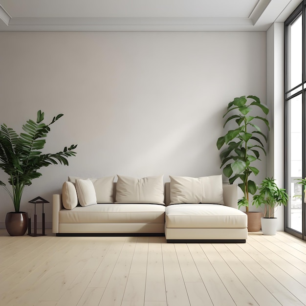 A living room with a white wall and a white couch with a white cover and a plant next to it.