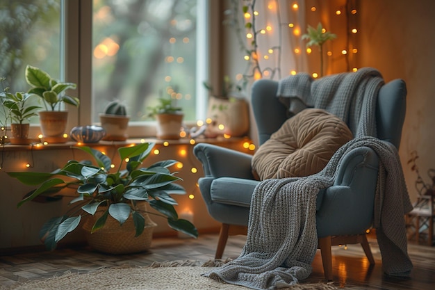 Photo a living room with a window and a plant and a window with lights behind it