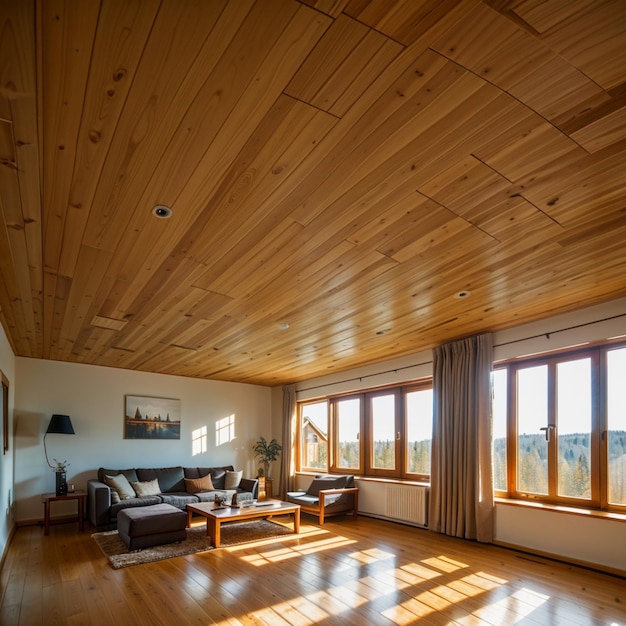 a living room with a wooden ceiling and a couch with a large window