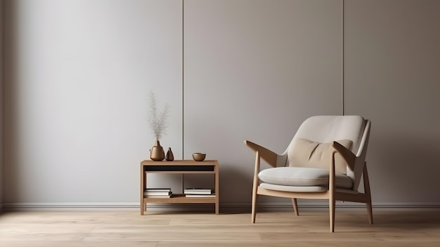 A living room with a wooden table and a chair in front of it.