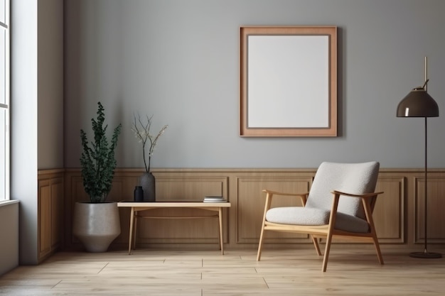 A living room with a wooden table and a chair.