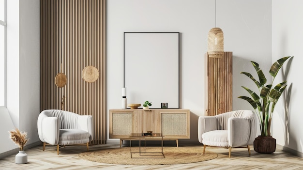 a living room with a wooden table and chairs and a large picture frame