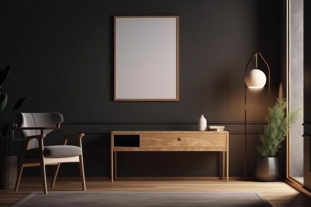 A living room with a wooden table and a lamp on the wall.