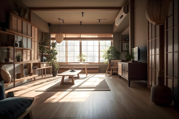 A living room with a wooden table and a window