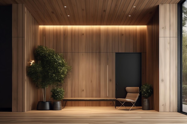 A living room with a wooden wall and a plant in the corner.