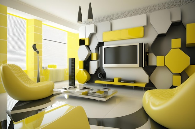 A living room with a yellow and black color scheme and a tv set.