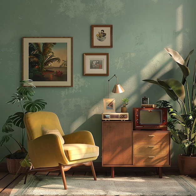 a living room with a yellow chair and a plant in the corner