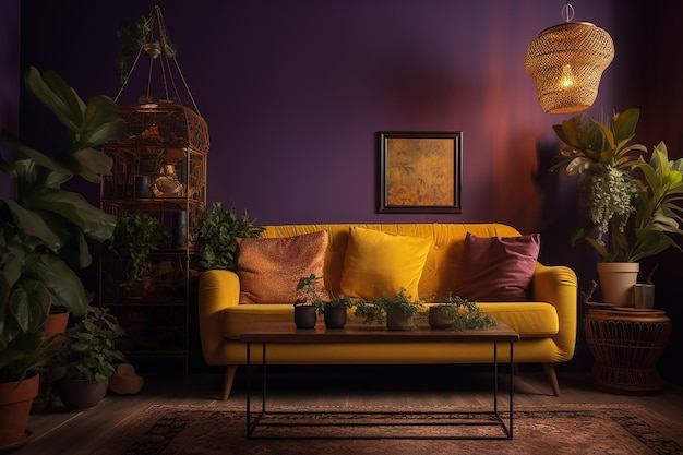 A living room with a yellow couch and a bird cage.