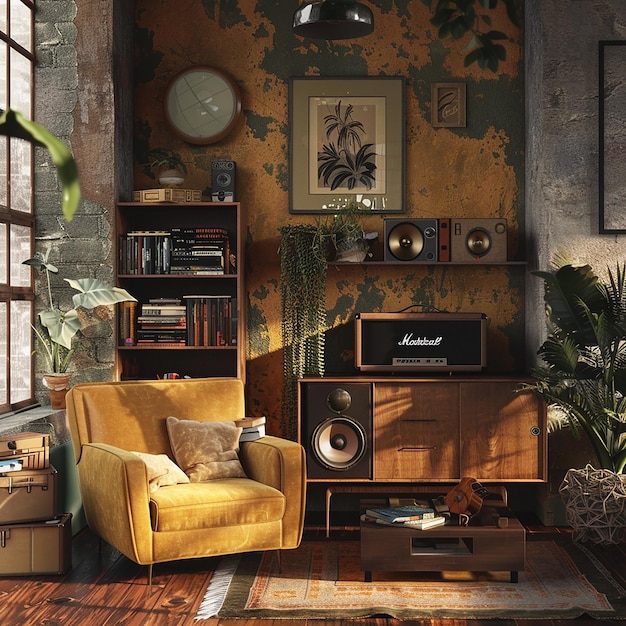 a living room with a yellow couch and a bookcase with a picture of a plant on it