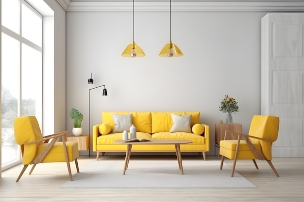 A living room with a yellow couch and a coffee table.