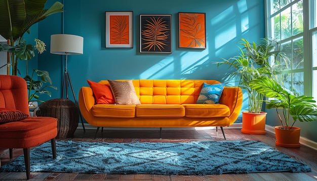 a living room with a yellow couch and orange vases with a plant in the corner