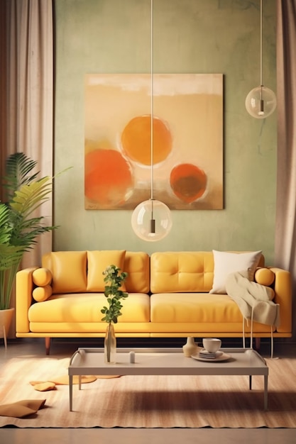 A living room with a yellow couch and a painting above it.