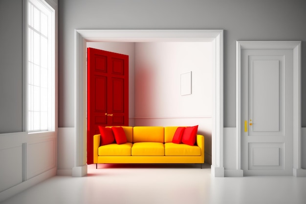 Living room with yellow couch and red pillows and red door Generative AI