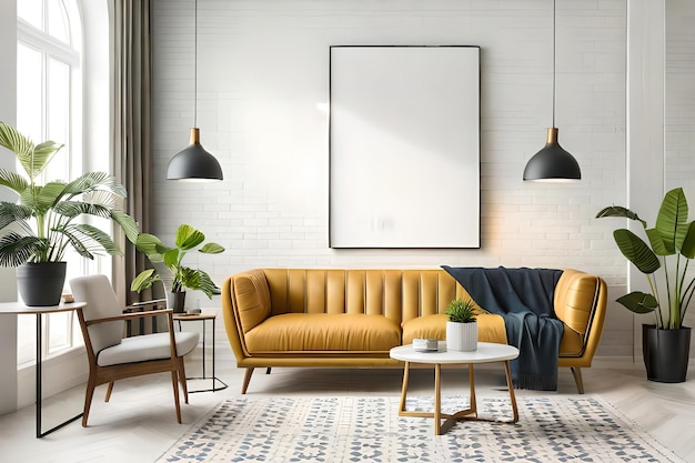 A living room with a yellow couch and a white table with a black lamp on it.