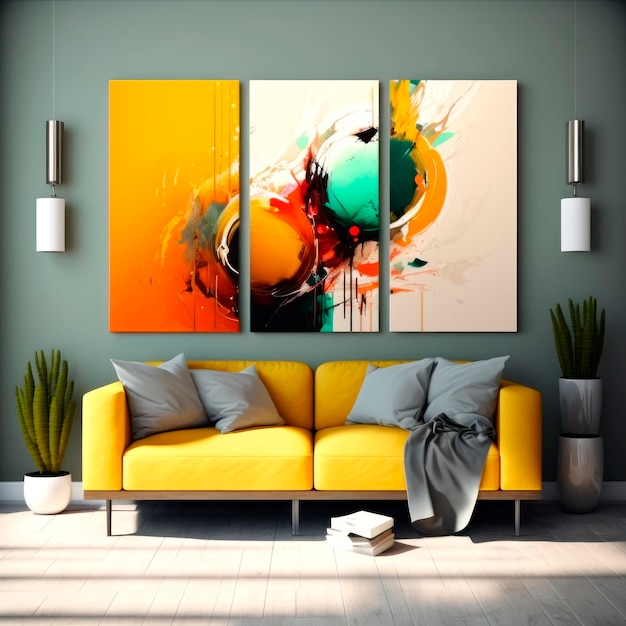 Living room with a yellow couch with three pictures on the wall of oil painting Generative AI