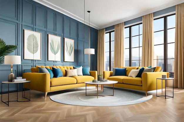 A living room with yellow couches and a coffee table.