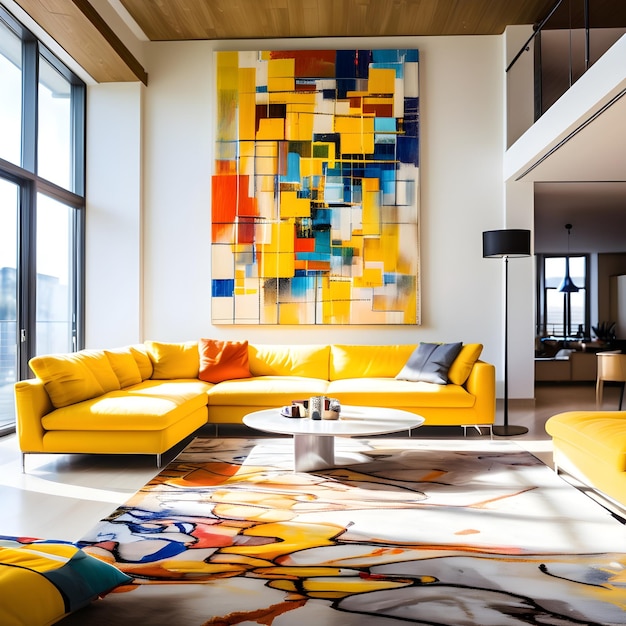 a living room with yellow couches and a large painting on the wall