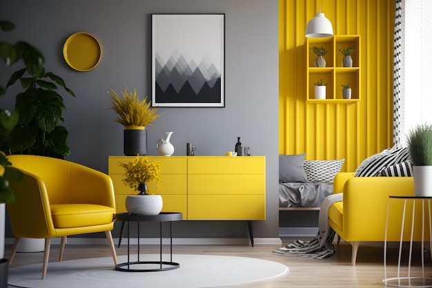 A living room with yellow furniture and a yellow cabinet.