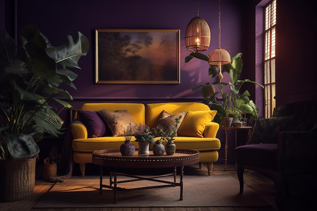 A living room with a yellow sofa and a purple wall with plants.