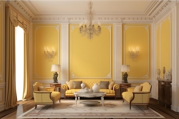 A living room with yellow sofas and a coffee table.